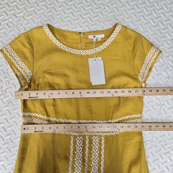 Boden Shift Dress Women 10 NEW 100% Linen Shift Mini Tuscan Yellow Embroidered - Picture 10 of 13